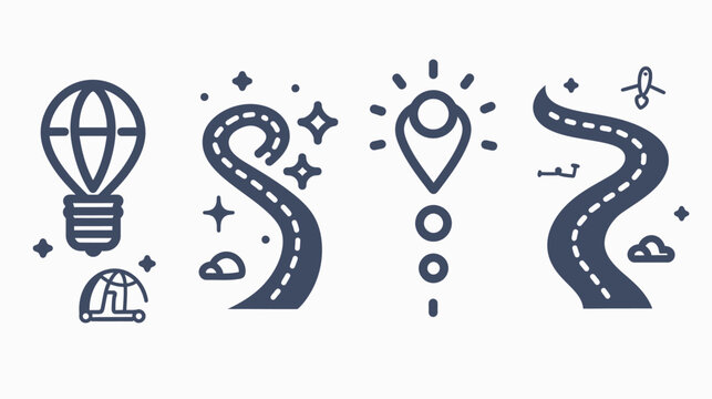 A collection of simple, stylized illustrations in a blue and white color scheme. Featuring roads, map pin