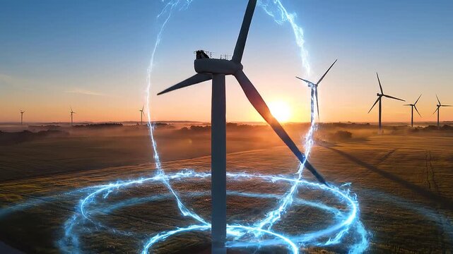 A glowing blue light trail spirals smoothly around the turbine blades, creating a futuristic energy flow effect