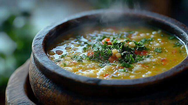 Steaming Hot Bowl of Hearty Lentil Soup Garnished with Fresh Herbs.