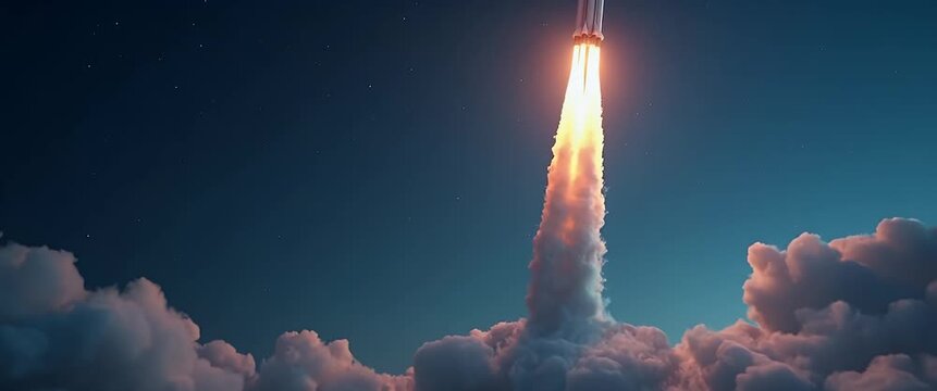 Majestic rocket launch ascends into the sky, with slow camera pan capturing billowing clouds and fiery thrust, set against a cinematic dawn backdrop, evoking space exploration and innovation.