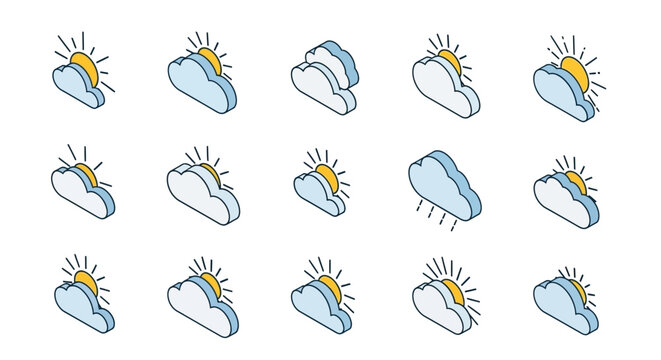 Isometric weather icons set of sun and clouds for forecasting and meteorological studies