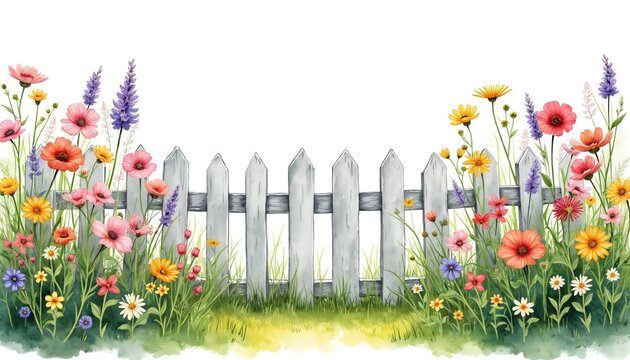 Colorful spring garden blooms with pink, orange, yellow flowers grow behind white picket fence. Green grass, lavender add to idyllic scene. Illustration perfect for decorative purposes.