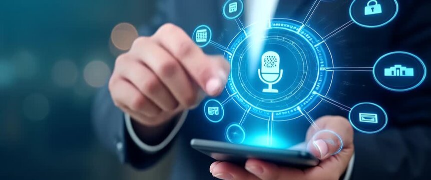 Business professional interacts with digital security interface on tablet, camera slowly pans in modern office setting, with ambient light shifts creating a cinematic, tech-forward atmosphere.