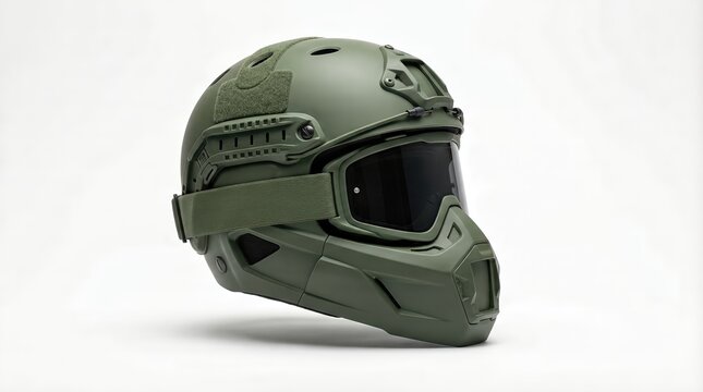 Modern protective tactical combat helmet providing extreme sports safety, military gear look and security, ready for adventure and challenging winter activities like snowmobiling