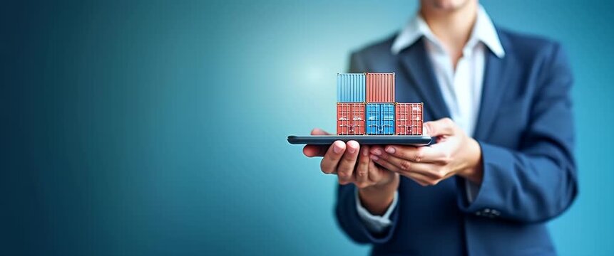 Professional hands present a digital logistics concept with miniature shipping containers on a tablet, as the camera pans slowly in a modern, cinematic style, with ambient light flickering gently.