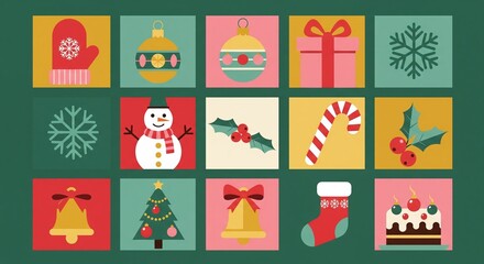 Fototapeta premium Christmas Icons Vector Illustration Set, Festive Holiday Symbols Flat Design, Winter Celebration Graphic Elements for Greeting Cards and Social Media