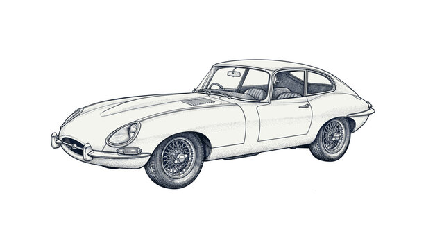 Classic vintage car sketch of iconic jaguar e-type with detailed features