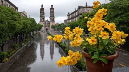 Fototapeta premium Historic building with domes features arched doorframe in city center as people move along the rain-soaked street