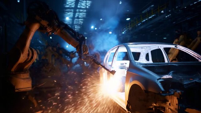 Advanced Robotics and Welding Process in Automotive Manufacturing Facility Showcasing Precision Engineering and Industrial Automation Techniques for Car Production