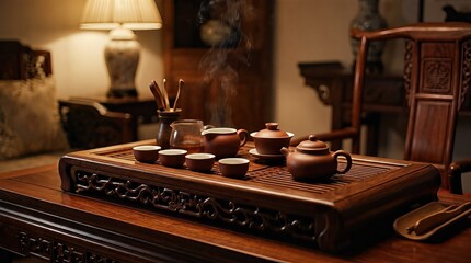 Obraz premium Chinese gongfu tea set on wooden table. Traditional clay teapot with cups and steam. Ceremonial tea preparation in oriental