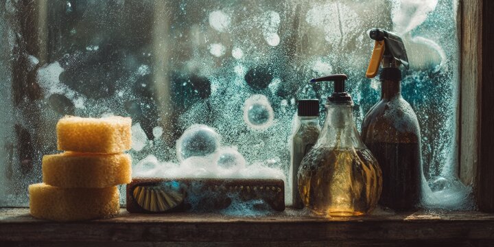 Wet window with soapy suds on it, indicating recent rain or outdoor activity necessitating hand wash and bath products usage to maintain hygiene.