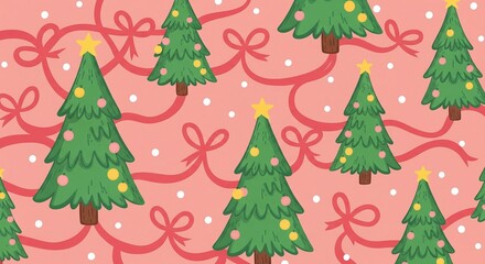 Fototapeta premium Christmas Trees Vector Illustration Seamless Pattern, Festive Holiday Background with Ribbons and Snowflakes, Cute Winter Design for Greeting Cards and Packaging