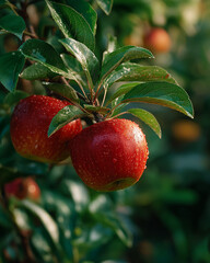 Obraz premium Luscious Apples on Branch: A close-up shot of two ripe, red apples, glistening with droplets of moisture, hang delicately from a leafy branch, evoking a sense of freshness and natural abundance.