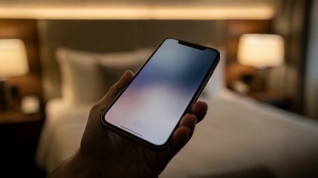 Smartphone in guests hand clearly showing the smart room lighting app blending with an unfocused room setting for an intuitive inroom guest control perspective.
