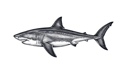 Fototapeta premium Detailed black and white illustration of a great white shark