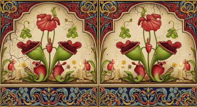 Antique illuminated manuscript style botanical art with pitcher plants and ornate frame