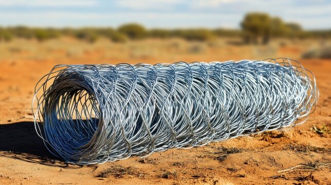 A Rolled Chicken Wire Fence on Brown Ground Outdoors