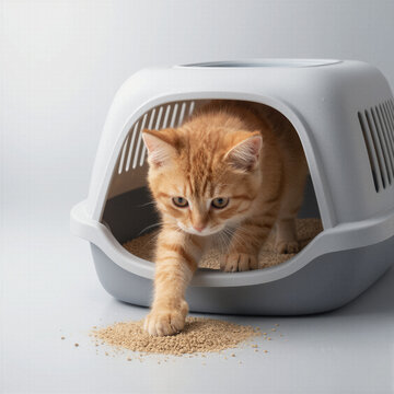 Cute ginger kitten peeking out of a grey pet carrier box for safe animal transport concepts veterinary clinic graphics and traveling with pets.