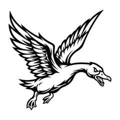 Fototapeta premium A dynamic black and white vector illustration of a goose in mid-flight with outstretched wings and open beak on a clean white background