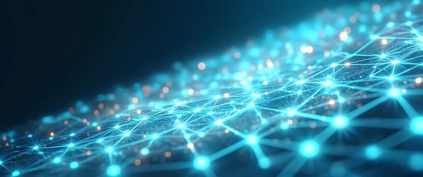 Futuristic glowing network nodes pulsate rhythmically while the camera slowly pans across a digital grid, creating a cinematic and immersive technology landscape.