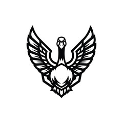Fototapeta premium A stylized black and white vector illustration of an esport logo featuring a goose with outstretched wings and a gaming-inspired design on a clean white background