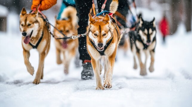 Sled dogs pulling in the snow during a winter dogsled race