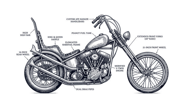 Customized vintage motorcycle blueprint with detailed specifications