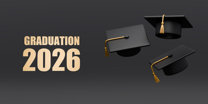 3d illustration of word graduation with graduate cap on dark background. Graduates 2026 class of graduations. 3d render of greeting, banner, invitation card.