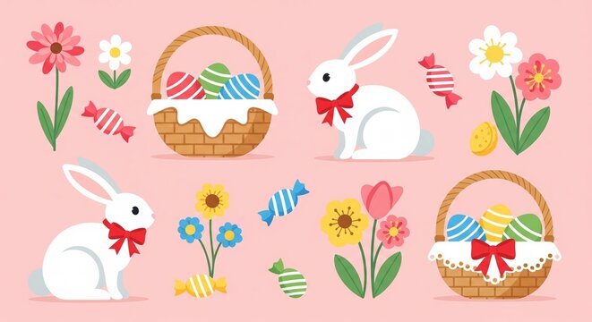 Easter Bunny Vector Illustration with Baskets, Eggs, and Flowers, Festive Spring Holiday Graphic Design for Greeting Cards and Decorations