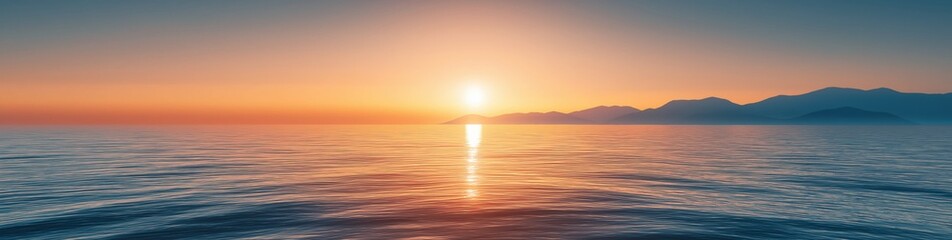 Obraz premium Sunset over ocean with mountains on horizon creating a tranquil, panoramic view. Calm water reflecting warm golden light
