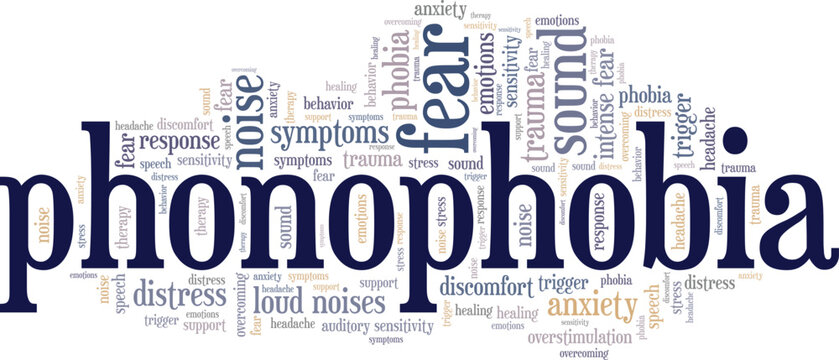 Fear Of Sound: Phonophobia word cloud conceptual design isolated on white background.