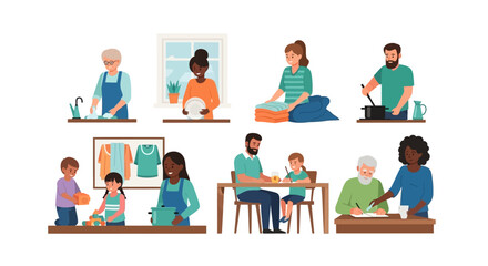 Fototapeta premium Diverse People Engaging in Daily Household Chores, Family Activities, and Caregiving. Vector Illustration Set of Domestic Life and Home Responsibilities.