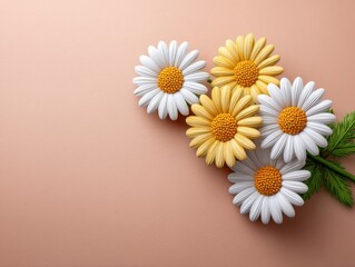 Vibrant daisies with white and yellow petals arranged on a serene light peach background for aesthetic appeal