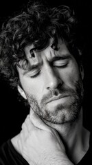 Obraz premium Caucasian male adult with neck pain expressing discomfort in black and white portrait