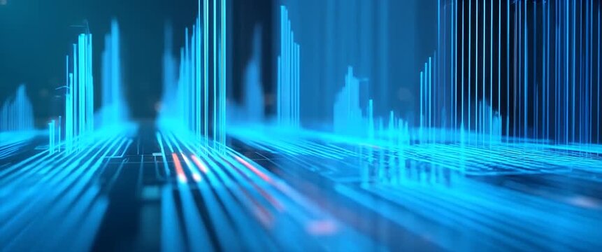 Futuristic digital cityscape emerges with glowing lines and structures, as the camera steadily pans across a dynamic, cybernetic grid in a cinematic style, with ambient lights flickering.
