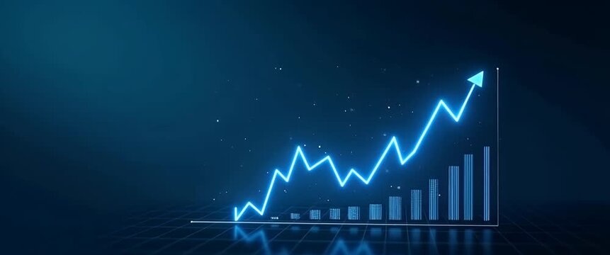 A glowing digital graph with a rising arrow signifies economic growth as the camera slowly pans, capturing ambient flickering lights in a cinematic, futuristic financial scene.