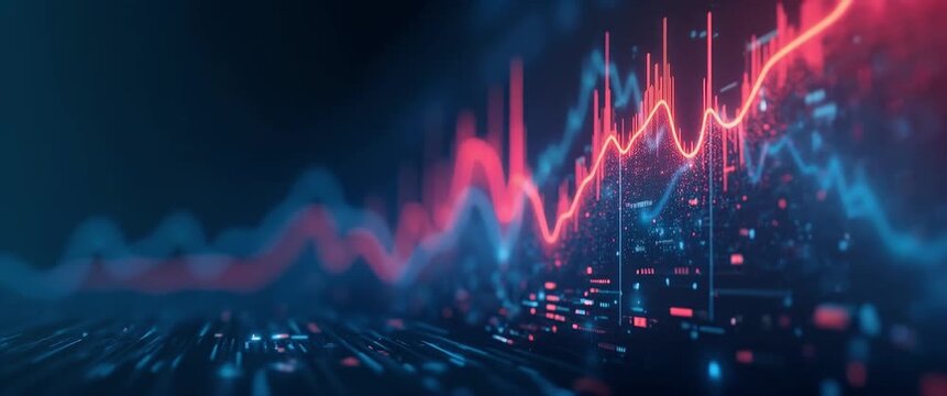 Dynamic financial data charts animate on a digital screen as the camera slowly pans, reflecting city lights in a cinematic style, ideal for business and technology themes.