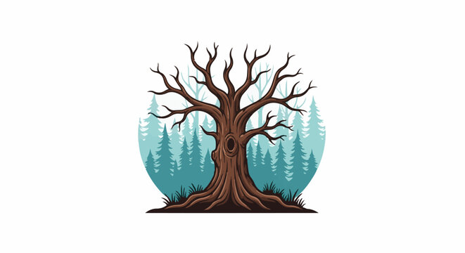 Bare, old, gnarled tree with hollow in trunk stands in a misty forest