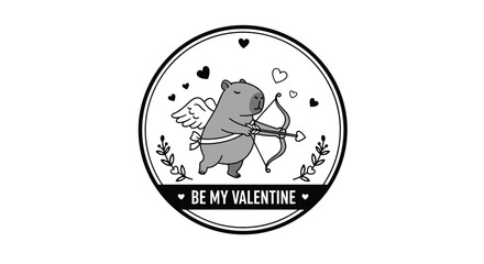 Obraz premium Adorable black and white valentine badge featuring a cute capybara cupid with a bow and arrow and hearts.