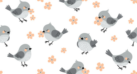 Fototapeta premium Sweet seamless pattern of little grey birds carrying orange flowers among blooming blossoms on a crisp white background.