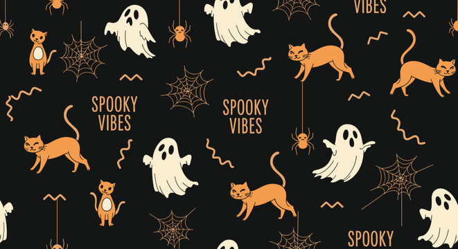 Spooky Halloween seamless pattern with orange cats, white ghosts, spiders, and the phrases spooky vibes and spooky.