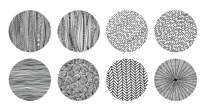 Collection of eight abstract hand drawn circular patterns with various textures like stripes, swirls, and scales for design.