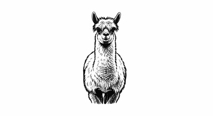 Fototapeta premium Black and white illustration of a llama facing forward with fluffy wool