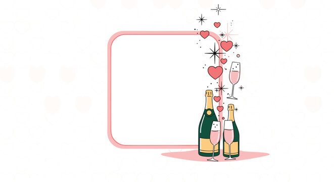 Elegant celebratory frame featuring champagne bottles, glasses, and rising pink hearts for wedding or party invitations.