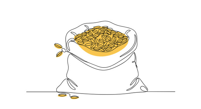 Simple one line drawing of an open burlap sack filled with grains or coffee beans representing agriculture and food.