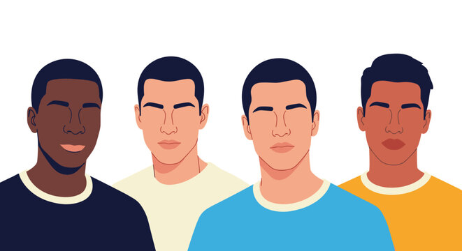 Minimalist portrait illustration of four men with different ethnic backgrounds showcasing diversity and global community.