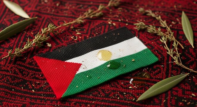 Close up of cross stitched palestinian flag on patterned embroidery with fresh rosemary and green olive leaf.