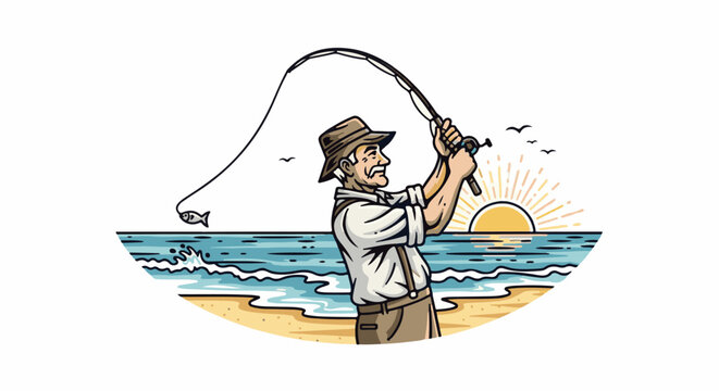 An old man fishes on the beach as the sun sets over the ocean