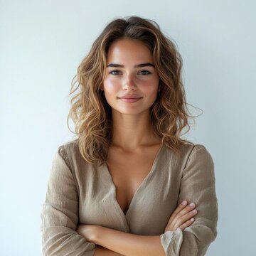 Beautiful young woman standing with arms crossed against white background