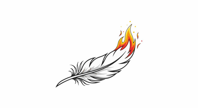 A white feather with a burning tip, emitting sparks against a plain background